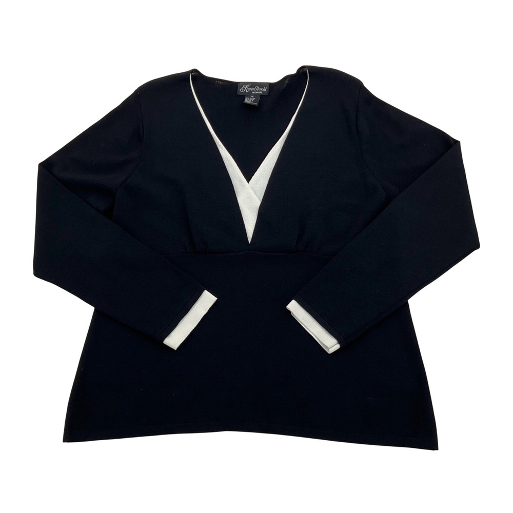 Karen Arnold Woman Knit Top 1X Black White V-Neck Long Sleeve Minimalist Chic